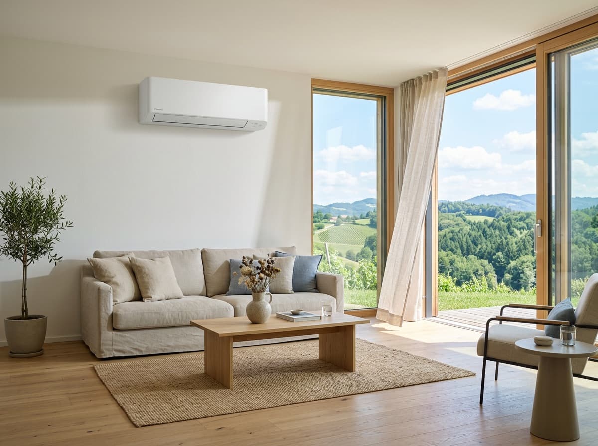 Angenehm gekühltes Wohnzimmer an einem heißen Sommertag – Klimaanlage von ET König